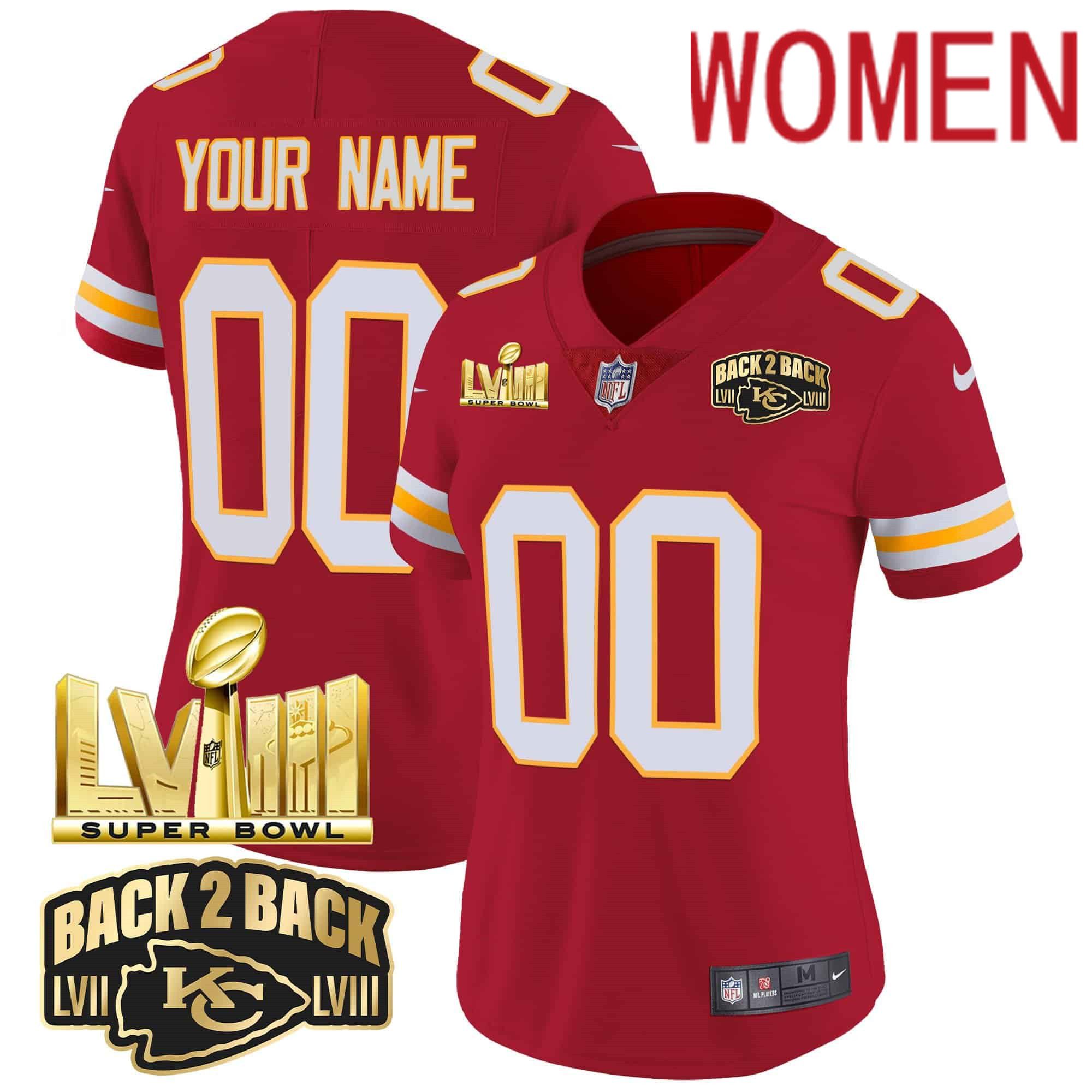 Women Kansas City Chiefs Red 2024 Nike Super Bowl LVIII & Back-2-Back Gold Patch Vapor Custom NFL Jersey style 3->customized nfl jersey->Custom Jersey